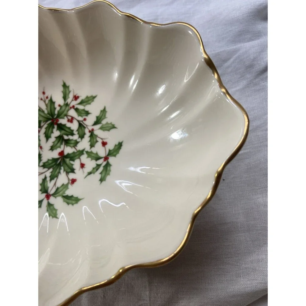 Vintage Lenox Holly And Berry Christmas Centerpiece Bowl Footed With Gold Trim